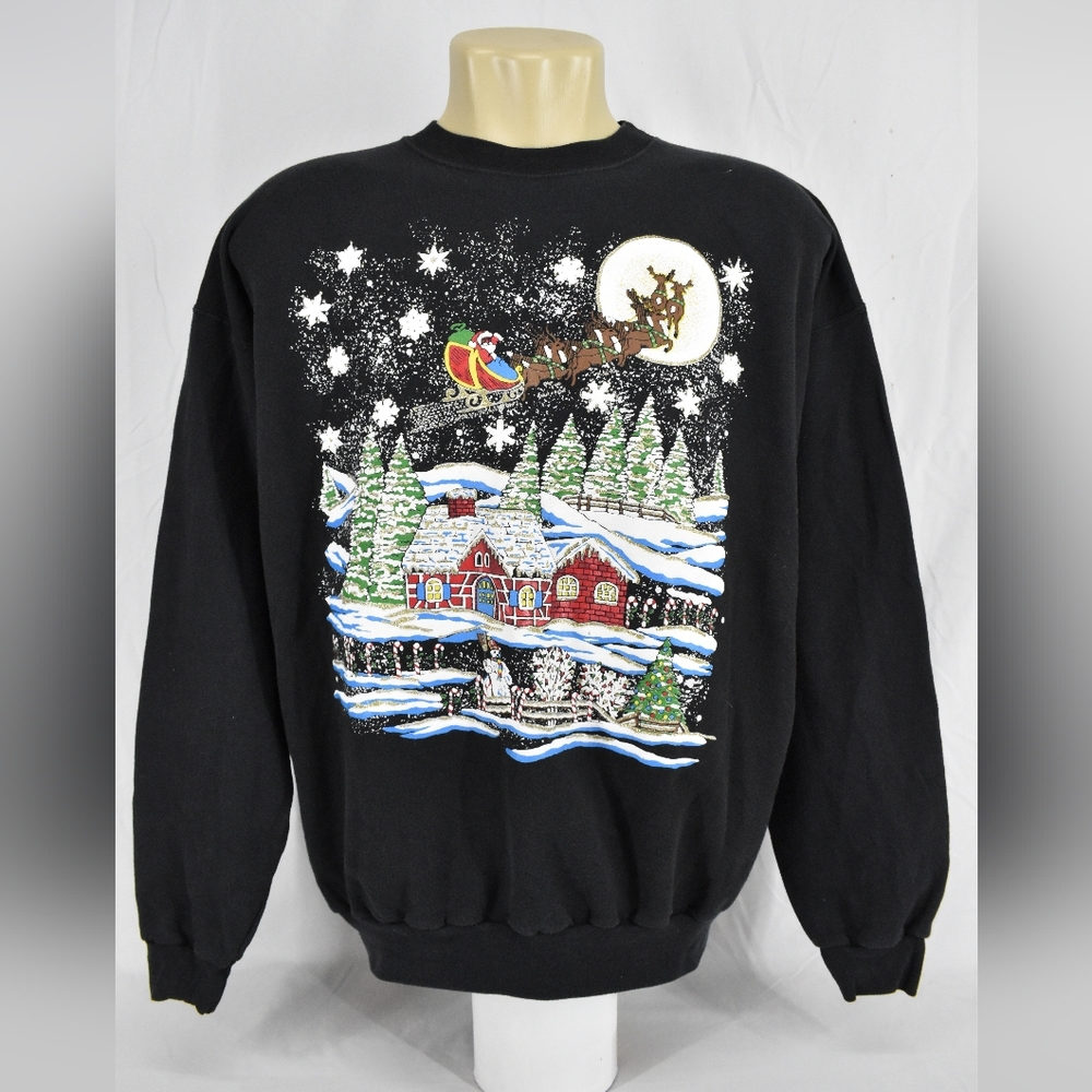 Vintage 90's Hanes Christmas Printed Sweatshirt,Color:Black,Size:XL